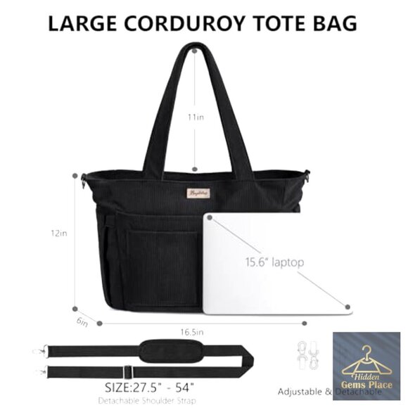 Corduroy Tote Bag 17-Pocket Crossbody Handbag for Teacher  Corduroy Tote Bag with 17 Pockets, Laptop Compartment, Crossbody Strap